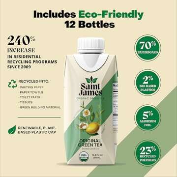 Saint James Iced Tea - Organic Green Tea - Non GMO, Gluten Free, Low Calorie & Low Sugar - Original Green Tea, 12 Pack (16.9 fl oz each)