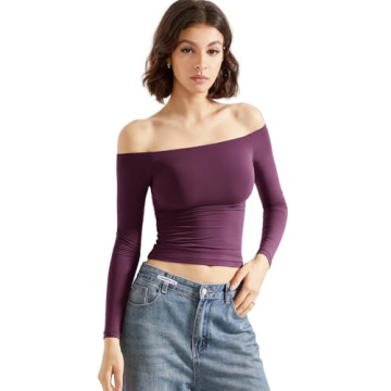 SUUKSESS Women Off The Shoulder Double Lined Long Sleeve Shirts Fitted Y2k Basic Going Out Tops (Plu...
