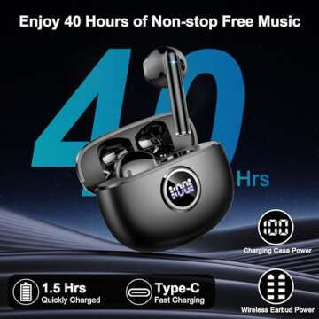Wireless Earbuds, Bluetooth Headphones 5.3 Stereo Bass Ear buds with ENC Noise Cancelling Mics, 40H Playtime Bluetooth Earbuds with LED Display, IP7 Waterproof in Ear Earphones for Android iOS, Black