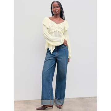 CIDER Women’s Baggy Jeans Straight Wide Leg High Waisted Fold Hem Denim Pants with Pockets: Indigo...