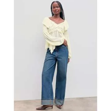 CIDER Women’s Baggy Jeans Straight Wide Leg High Waisted Fold Hem Denim Pants with Pockets: Indigo...