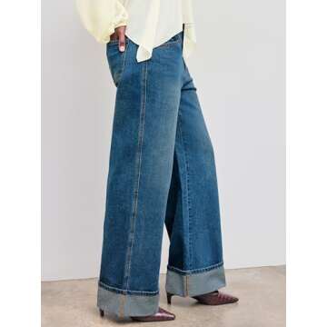 CIDER Women’s Baggy Jeans Straight Wide Leg High Waisted Fold Hem Denim Pants with Pockets: Indigo, S