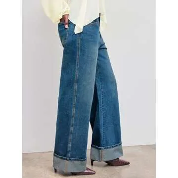 CIDER Women’s Baggy Jeans Straight Wide Leg High Waisted Fold Hem Denim Pants with Pockets: Indigo, S