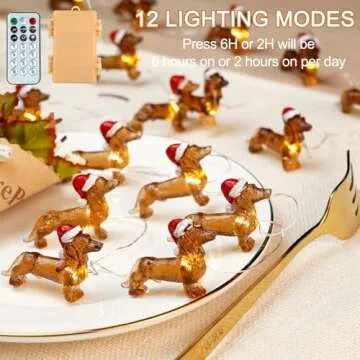 BOHON Dachshund Christmas Lights 10ft 30 LEDs Weiner Dog Christmas Decorations Fairy String Lights Battery Operated Dachshund Gift for Indoor Party Tree Puppy Pet Themed Ornament with Remote