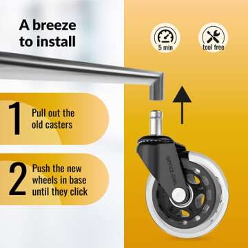 Office Owl Set of 5 Replacement Chair Caster Wheels for Desk & Gaming - Clear - NOT Compatible with IKEA Chairs