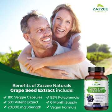 Zazzee High Strength Grape Seed 50:1 Extract, 20,000 mg Strength, 180 Vegan Capsules, 95% Polyphenol...