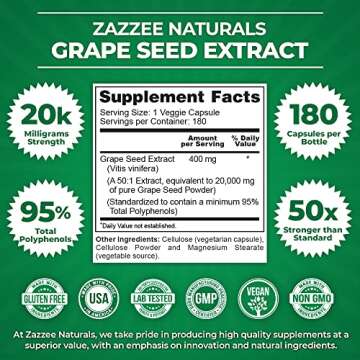 Zazzee High Strength Grape Seed 50:1 Extract, 20,000 mg Strength, 180 Vegan Capsules, 95% Polyphenols, 400 mg per Capsule, 6 Month Supply, Standardized 50X Extract, Non-GMO, Made in The USA
