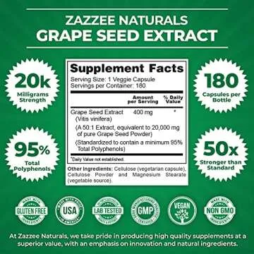 Zazzee High Strength Grape Seed 50:1 Extract, 20,000 mg Strength, 180 Vegan Capsules, 95% Polyphenols, 400 mg per Capsule, 6 Month Supply, Standardized 50X Extract, Non-GMO, Made in The USA