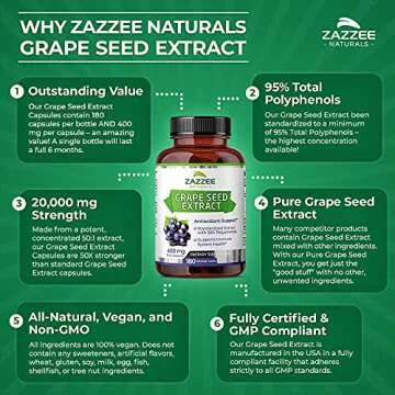Zazzee High Strength Grape Seed 50:1 Extract, 20,000 mg Strength, 180 Vegan Capsules, 95% Polyphenols, 400 mg per Capsule, 6 Month Supply, Standardized 50X Extract, Non-GMO, Made in The USA