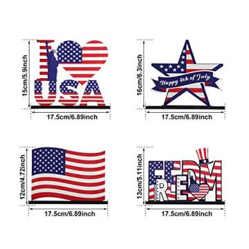Independence Day Table Decoration Patriotic Wooden Table Centerpiece 4th of July Table Signs American Letters Ornament Patriotic Plaque for Memorial Day Dinner Room Decoration, 4 Pieces