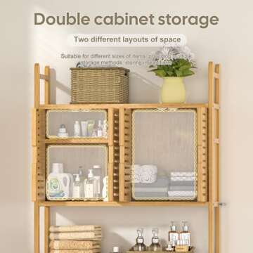 Cozivolife Over The Toilet Storage Cabinet with Paper Holder Stand,Bamboo Bathroom Organizer Shelf with Four Door and Waterproof Feet Pad,Space Saver Rack with Anti-Tip Design (Natural)
