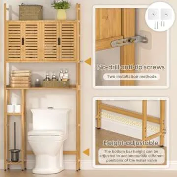 Cozivolife Over The Toilet Storage Cabinet with Paper Holder Stand,Bamboo Bathroom Organizer Shelf with Four Door and Waterproof Feet Pad,Space Saver Rack with Anti-Tip Design (Natural)