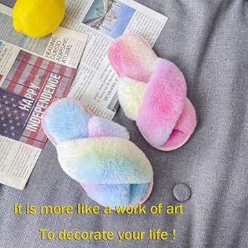 LightFun Girl's Fuzzy Fluffy Furry Slippers Fur Flip Flop Open Toe kids Slippers Cross Band Shoes Slides for Girls House Home Indoor Outdoor (Colorful, 11-12)