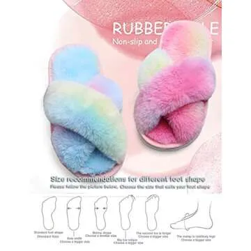 LightFun Girl's Fuzzy Fluffy Furry Slippers Fur Flip Flop Open Toe kids Slippers Cross Band Shoes Slides for Girls House Home Indoor Outdoor (Colorful, 11-12)