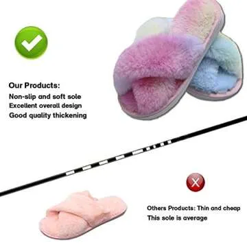 LightFun Girl's Fuzzy Fluffy Furry Slippers Fur Flip Flop Open Toe kids Slippers Cross Band Shoes Slides for Girls House Home Indoor Outdoor (Colorful, 11-12)