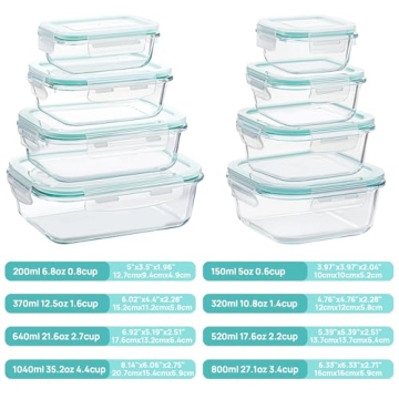 Vtopmart 8 Pack Glass Food Storage Containers , Meal Prep , Airtight Bento Boxes with Leak Proof Locking Lids, for Microwave, Oven, Freezer and Dishwasher, BPA Free