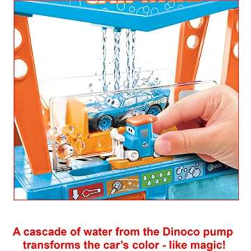 Mattel Disney and Pixar Cars Dinoco Car Wash Playset with Pitty & Lightning McQueen Toy Cars, Water Play & Color Change