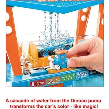 Mattel Disney and Pixar Cars Dinoco Car Wash Playset with Pitty & Lightning McQueen Toy Cars, Water Play & Color Change