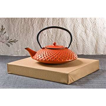 Hinomaru Collection Artisan Workshop Red Dotted Hobnail Japanese Tetsubin Tea Kettle Cast Iron Teapot with Stainless Steel Infuser 40 oz