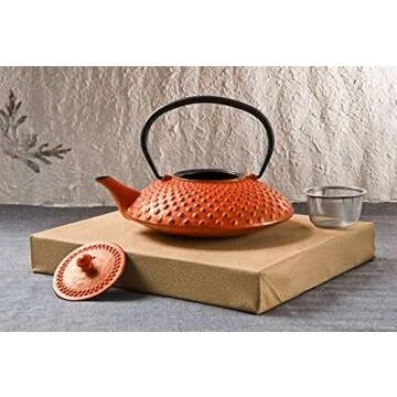 Hinomaru Collection Artisan Workshop Red Dotted Hobnail Japanese Tetsubin Tea Kettle Cast Iron Teapot with Stainless Steel Infuser 40 oz