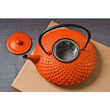Hinomaru Collection Artisan Workshop Red Dotted Hobnail Japanese Tetsubin Tea Kettle Cast Iron Teapot with Stainless Steel Infuser 40 oz