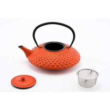 Hinomaru Collection Artisan Workshop Red Dotted Hobnail Japanese Tetsubin Tea Kettle Cast Iron Teapot with Stainless Steel Infuser 40 oz