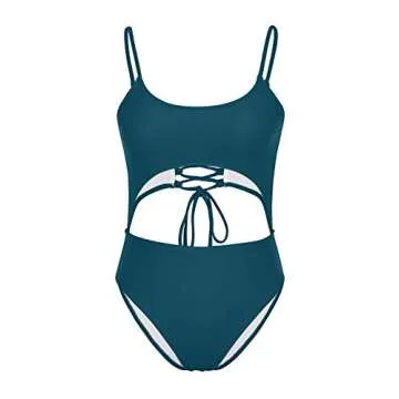 LEISUP Women's Thin Straps Low Cut Bikini One Piece Lace Up Back Brazilian Thong Swimsuit Green L