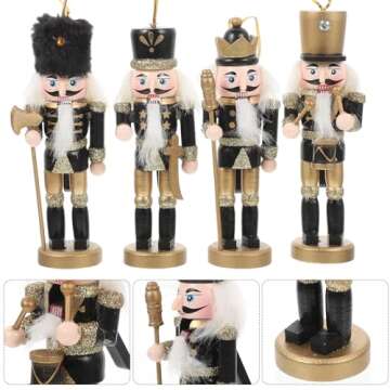 NOLITOY 4pcs Christmas Nutcracker Ornament Wooden Nutcracker Figures Walnut Soldier Xmas Puppet Desk Art Decorations for Xmas Party Table Decor Black Gold