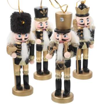 NOLITOY 4pcs Christmas Nutcracker Ornament Wooden Nutcracker Figures Walnut Soldier Xmas Puppet Desk Art Decorations for Xmas Party Table Decor Black Gold