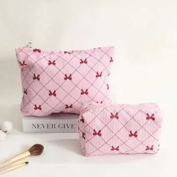 LYDZTION 2PCS Cute Corduroy Makeup Bag for Women, Small Makeup Bag Set Travel Toiletry Bag Coquette Cosmetic Bag Bow Makeup Bag Portable Versatile Zipper Pouch-Pink