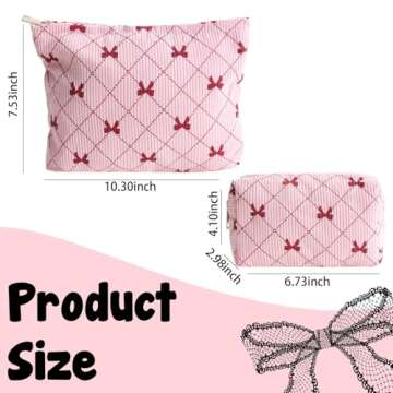 LYDZTION 2PCS Cute Corduroy Makeup Bag for Women, Small Makeup Bag Set Travel Toiletry Bag Coquette Cosmetic Bag Bow Makeup Bag Portable Versatile Zipper Pouch-Pink