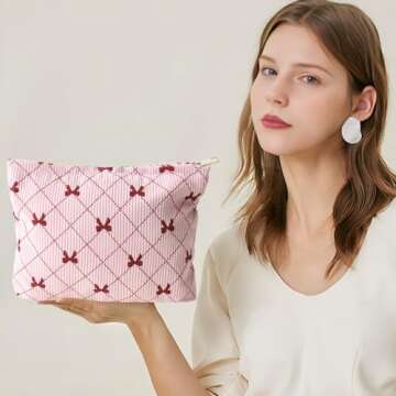 LYDZTION 2PCS Cute Corduroy Makeup Bag for Women, Small Makeup Bag Set Travel Toiletry Bag Coquette Cosmetic Bag Bow Makeup Bag Portable Versatile Zipper Pouch-Pink