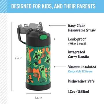 THERMOS FUNTAINER Water Bottle with Straw - 12 Ounce - Kids Stainless Steel Vacuum Insulated Water B...