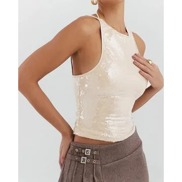 Stylish BAIMORE Women's Halter Neck Glitter Tank Top