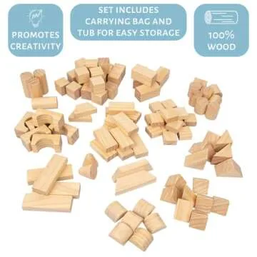 Wooden Blocks Set 100% Real Wood for Kids - 100 Pc