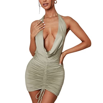 Zempertoopa Women's Ruched Bodycon Mini Dress Sexy Sleeveless Backless Halter Neck Drawstring Cockta...