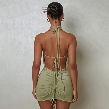 Zempertoopa Women's Ruched Bodycon Mini Dress Sexy Sleeveless Backless Halter Neck Drawstring Cocktail Club Party Short Dresses (Green, S)