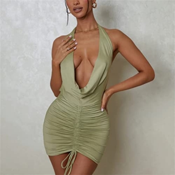 Zempertoopa Women's Ruched Bodycon Mini Dress Sexy Sleeveless Backless Halter Neck Drawstring Cocktail Club Party Short Dresses (Green, S)