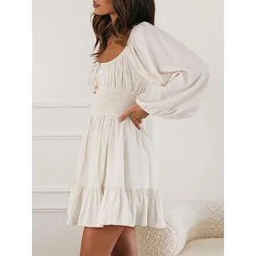 LILLUSORY Women's Long Sleeve Mini Cottagecore Dresses 2025 Summer Square Neck Casual Flowy Short Dress Spring Outfits Apricot S