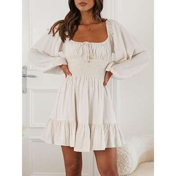 LILLUSORY Women's Long Sleeve Mini Cottagecore Dresses 2025 Summer Square Neck Casual Flowy Short Dress Spring Outfits Apricot S