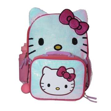 AI ACCESSORY INNOVATIONS Hello Kitty Girls 4 Piece Backpack Set, Iridescent Flip Sequin 16" School B...