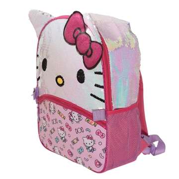 AI ACCESSORY INNOVATIONS Hello Kitty Girls 4 Piece Backpack Set, Iridescent Flip Sequin 16" School Bag with 3D Features, Front Zip Pocket, Pink & White