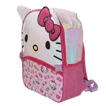 AI ACCESSORY INNOVATIONS Hello Kitty Girls 4 Piece Backpack Set, Iridescent Flip Sequin 16" School Bag with 3D Features, Front Zip Pocket, Pink & White