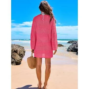 ANRABESS Women Swimsuit Crochet Swim Cover Up 2024 Summer Bathing Suit Swimwear Mesh Knit Beach Dress Vacation Outfits Rose Medium