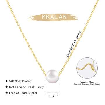 Single Pearl Dainty Necklace for Women 14K Real Gold Plated Chain with 8mm Cute White Pearl Charm Necklace Simple Bridesmaid Jewelry Gifts