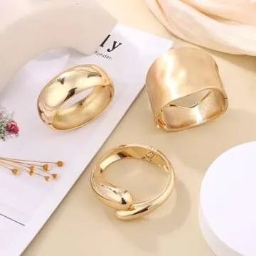 Svovin 1-3PCS Gold Cuff Bracelets for Women Wide Gold Bangle Bracelet Trendy Chunky Cuff Bangle Bracelets Irregular Statement Wrist Cuff Wrap Bracelet Jewelry
