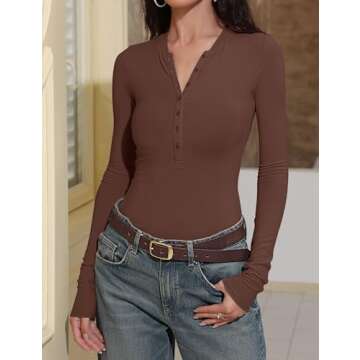 Prettywear Womens Long Sleeve Henley Shirts 2025 Trendy Casual Tops Slim Fitted Button Up Basic T-Shirts Spring Fashion Outfits Chocolate