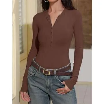 Prettywear Womens Long Sleeve Henley Shirts 2025 Trendy Casual Tops Slim Fitted Button Up Basic T-Shirts Spring Fashion Outfits Chocolate