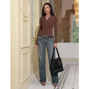 Prettywear Womens Long Sleeve Henley Shirts 2025 Trendy Casual Tops Slim Fitted Button Up Basic T-Shirts Spring Fashion Outfits Chocolate