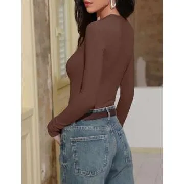 Prettywear Womens Long Sleeve Henley Shirts 2025 Trendy Casual Tops Slim Fitted Button Up Basic T-Shirts Spring Fashion Outfits Chocolate